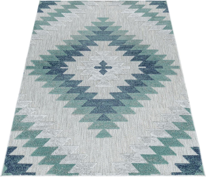 Carpetsale24 Outdoor Teppich Modern, Rauten Berber Muster 3D Optik, Rechteckig, Grau mit blauen Must