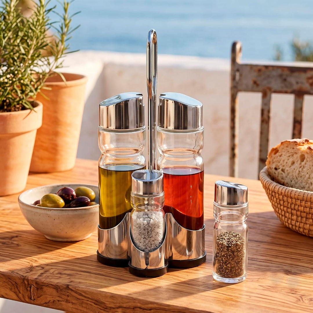 Essig und Öl Spender Set - 2 x 175 mL Glasflaschen und Metallhalterung mit Salz- und Pfefferstreuer