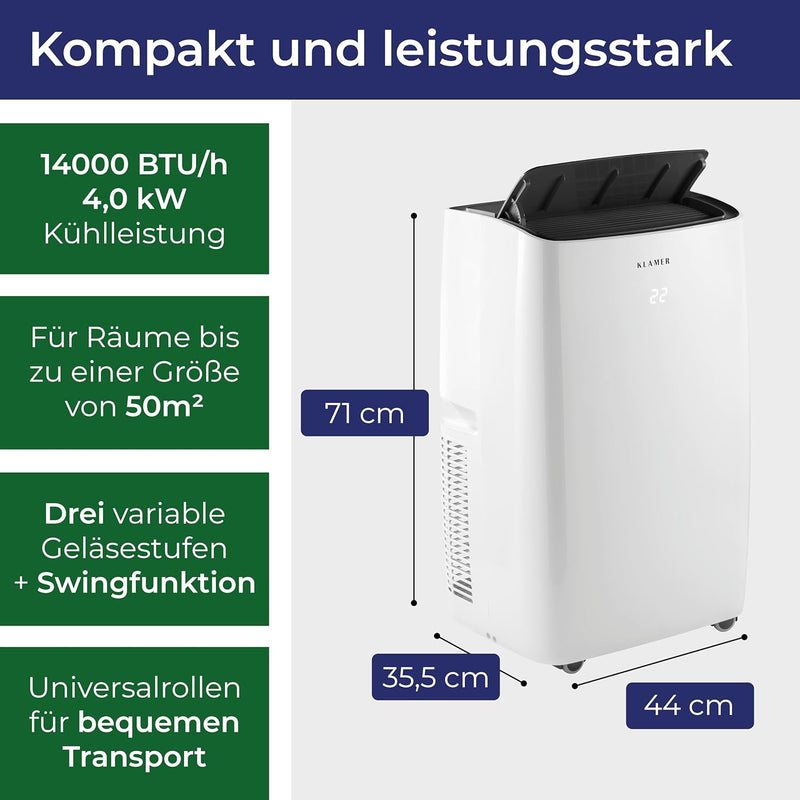 KLAMER Mobile Klimaanlage mit Abluftschlauch und Wassertank, 14000 BTU/h, 3-in-1 Klimagerät für Räum