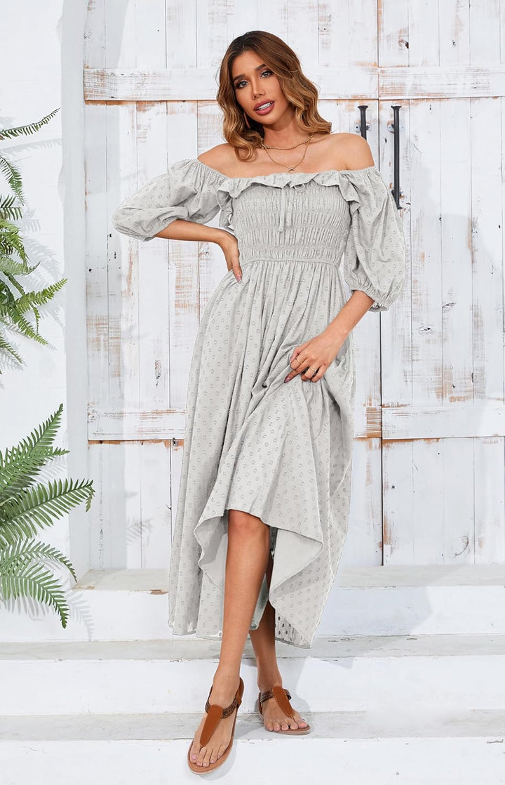 R.Vivimos Damen Polka Dot Slim Fit halbe Hülsenkleider Quadratischer Kragen Langes Midikleid M Grau,