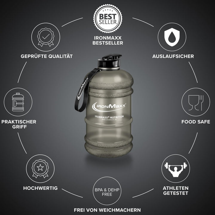 IronMaxx Water Gallon - Frosted Grey 2200ml | BPA & DEHP frei | auslaufsichere Trinkflasche mit Mess