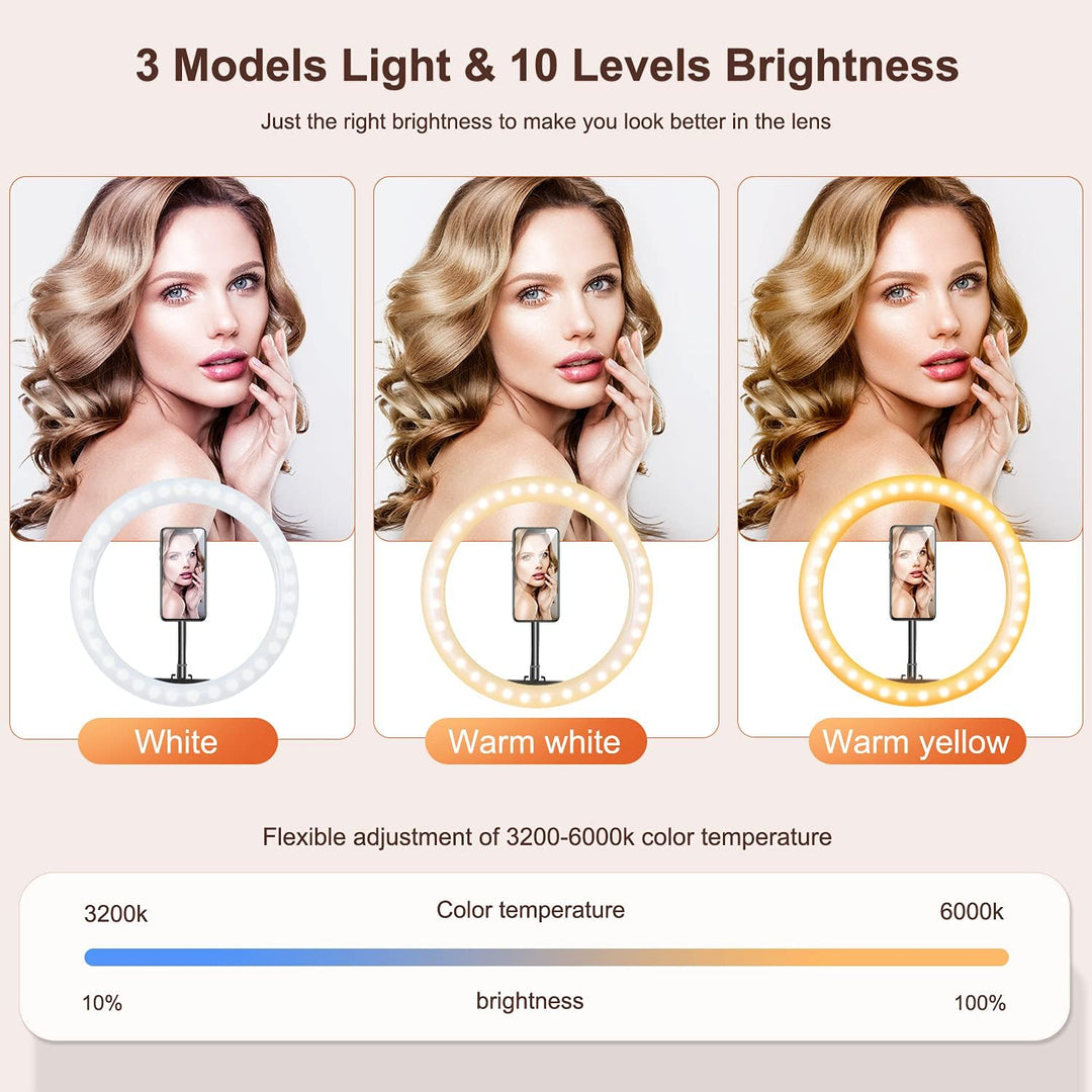 iRhodesy LED Ringlicht 10 Zoll inkl. 150 cm Stativ, dimmbare Selfie Ringleuchte, 3 Lichtmodi & 10 He