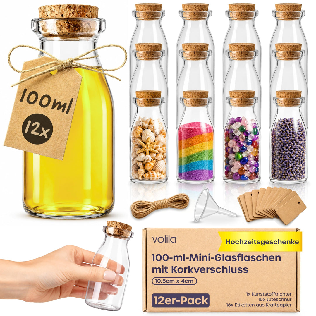 volila Glasflaschen 100ml – 12er-Pack Kleine Glasflaschen zum Befüllen als Party- oder Hochzeitsgesc