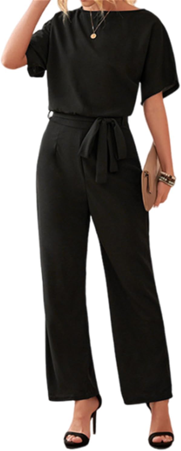 Bipily Damen Kurzarm Lang Jumpsuit Elegant Overall Jumpsuits O-Ausschnitt Playsuit Romper Hosenanzug