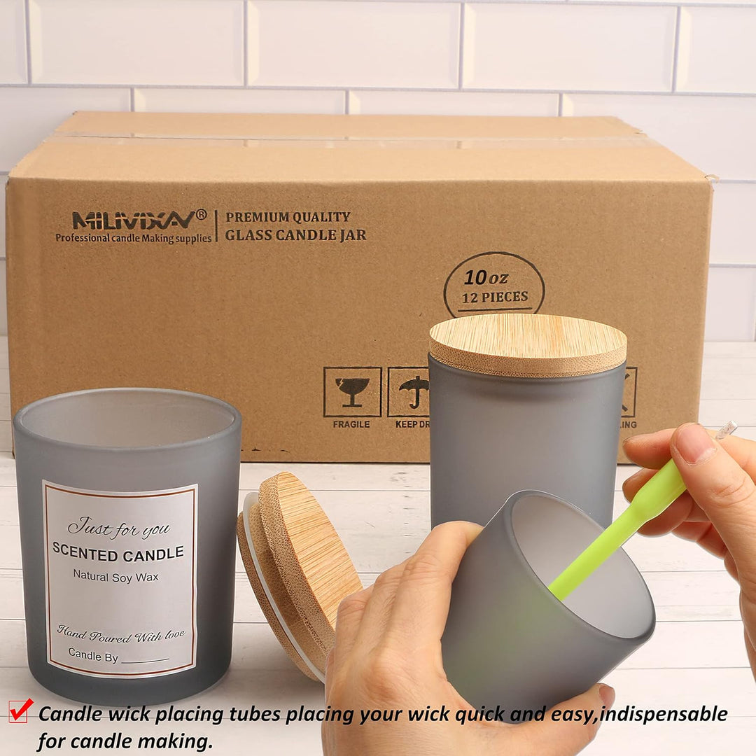 MILIVIXAY 12 Stück 284 ml Milchglas-Kerzengläser mit Deckel und Kerzenherstellungs-Kits – leere Kerz