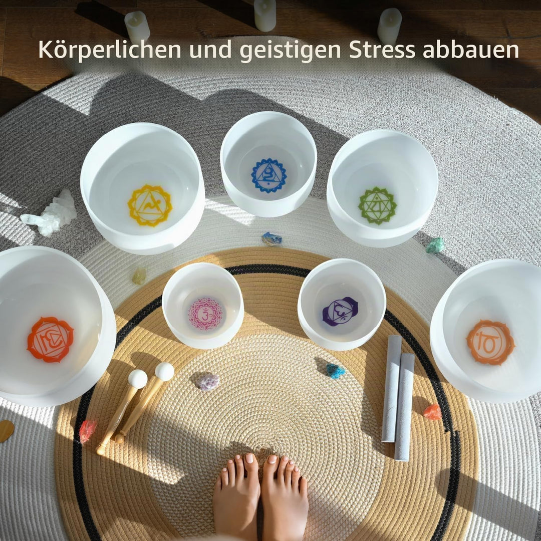 CVNC 432HZ 6-12 Zoll Chakra Symbol Design Frosted Quartz Kristall Singen Schale mit 2 PCS Reise Trag