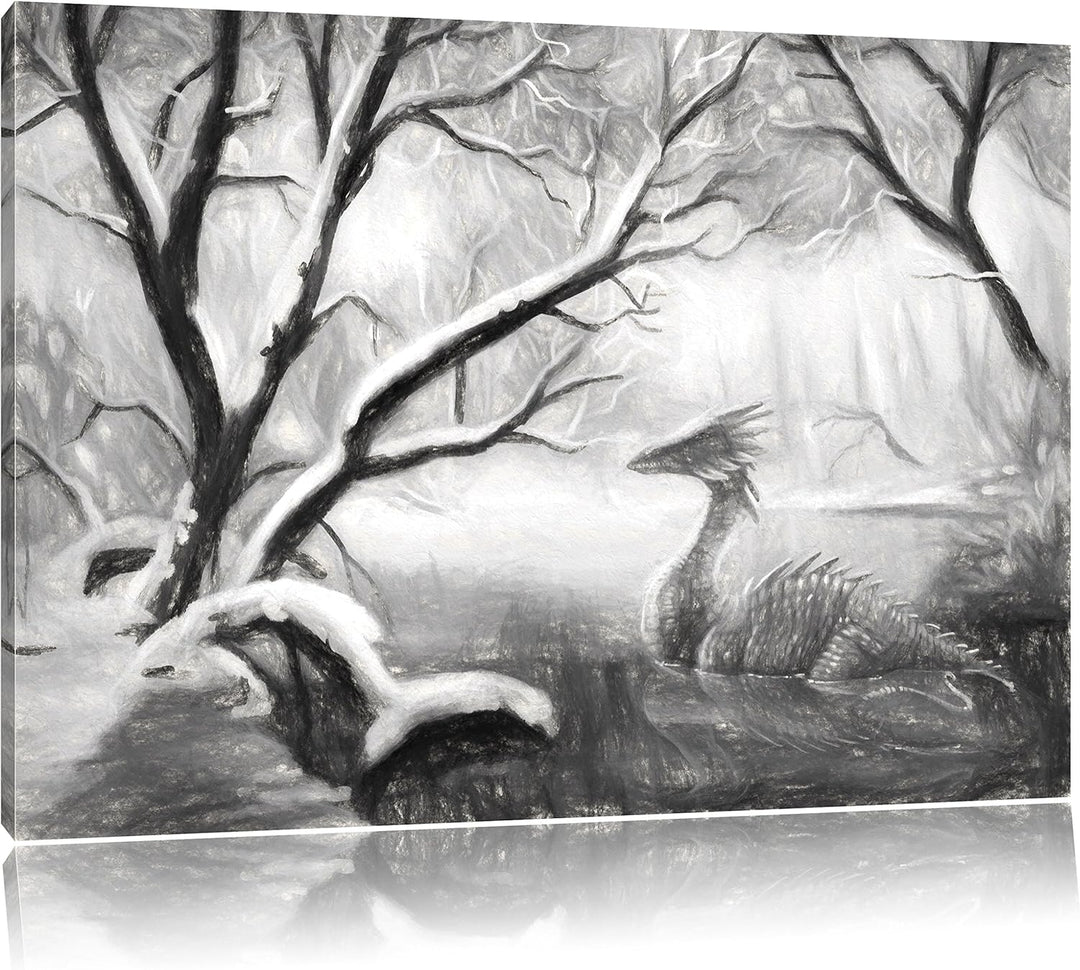 Pixxprint Drache im schneebedeckten Wald / 100x70cm Leinwandbild bespannt auf Holzrahmen/Wandbild Ku