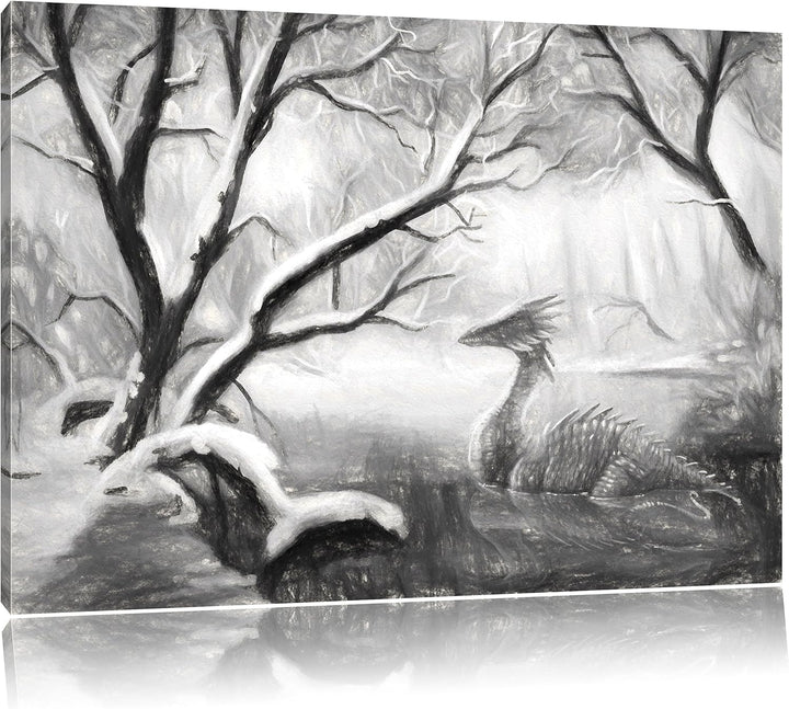 Pixxprint Drache im schneebedeckten Wald / 100x70cm Leinwandbild bespannt auf Holzrahmen/Wandbild Ku