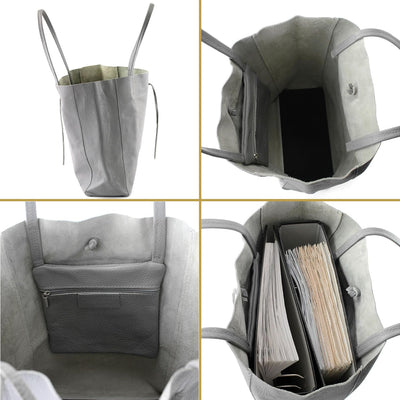 modamoda de - T163 - Ital. Shopper Large mit Innentasche aus Leder, Silber-metallic