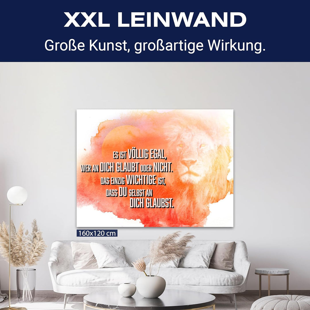 wandmotiv24 Motivations Motiv als Leinwandbild, 60x45cm, Querformat, Glaub an Dich selbst, Löwe, Son