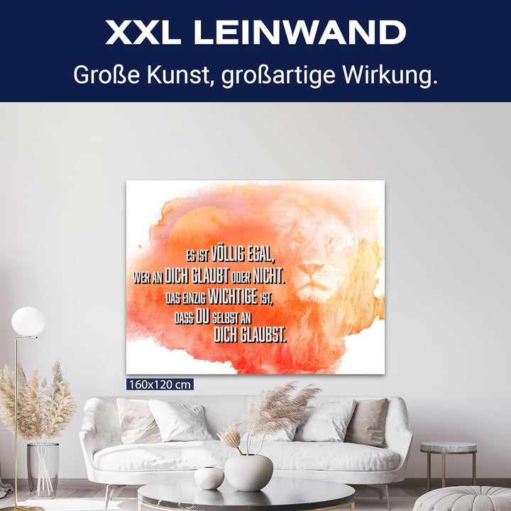 wandmotiv24 Motivations Motiv als Leinwandbild, 60x45cm, Querformat, Glaub an Dich selbst, Löwe, Son