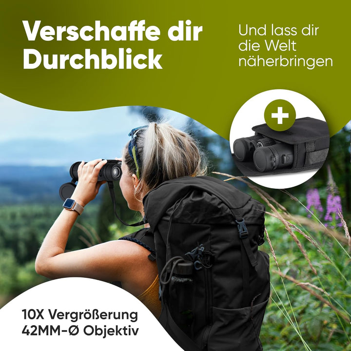 Adler Focus Fernglas 10x42 für Erwachsene, Eagle-Eye-Technologie, 18mm HD Augenmuschel, BAK4+FMC, Fe
