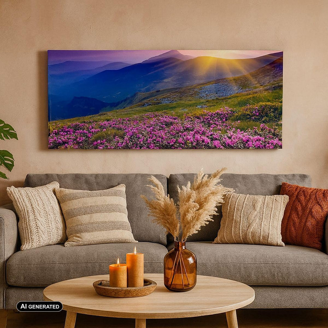 Wandbilder Dekoration Wohnzimmer Wiese Berge Landschaft Panorama Bilder auf Leinwand 120x50cm Leinwa