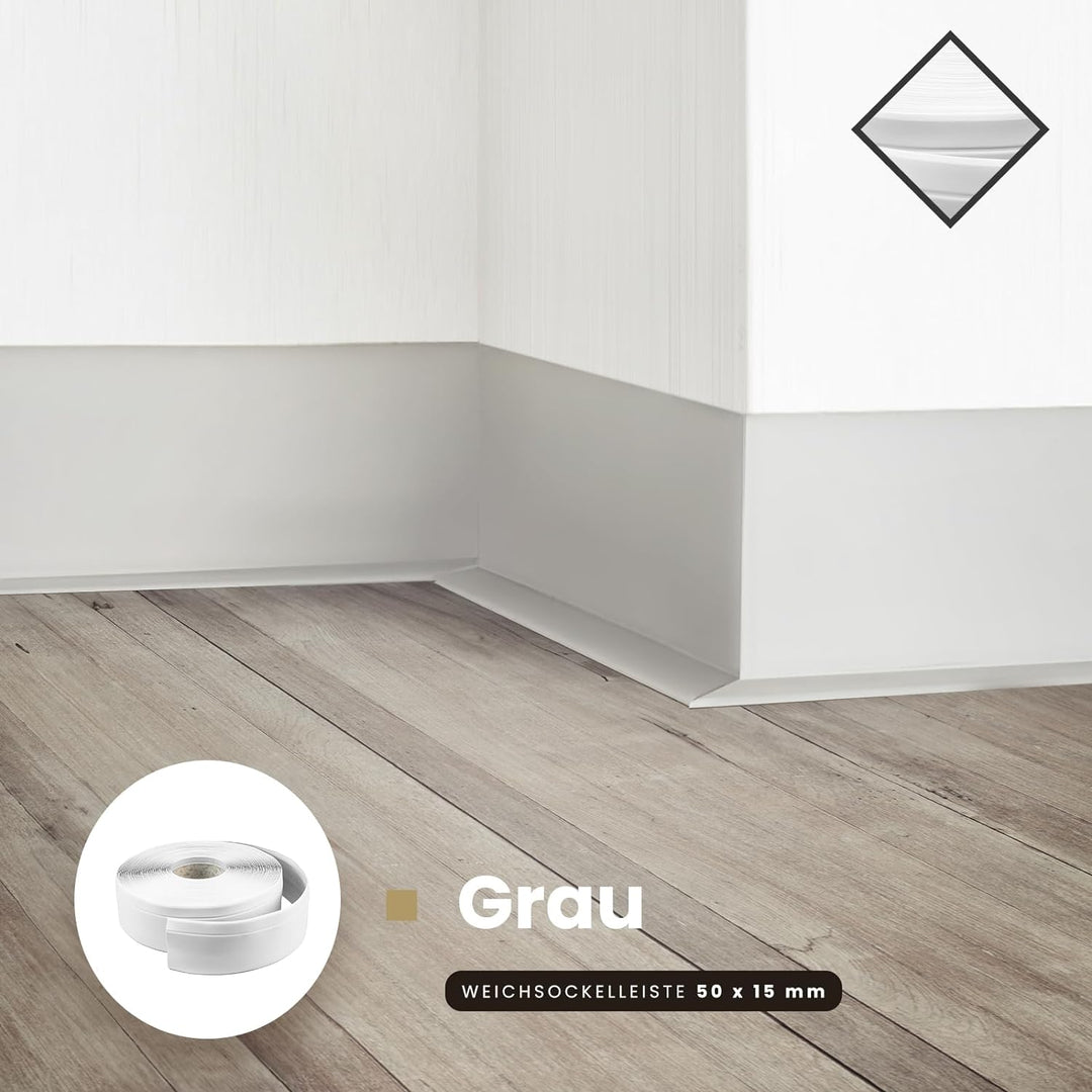 DQ-PP WEICHSOCKELLEISTE | 10m | grau | 50x15mm | PVC | selbstklebend | Knickwinkel Fussleisten Gummi