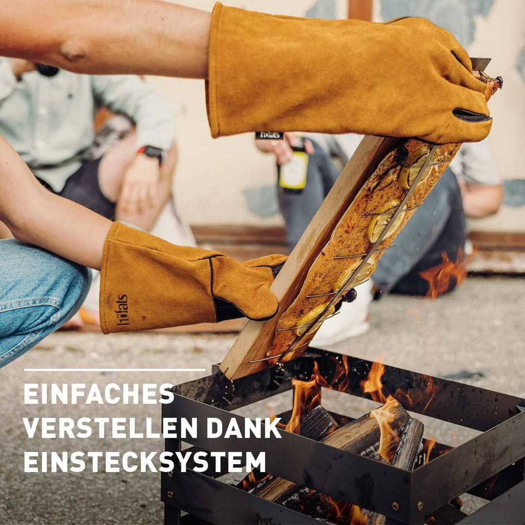 höfats - Flammlachsbrett mit Edelstahl Halterung - Flammlachs Räucherbrett aus Buche - verstellbar z