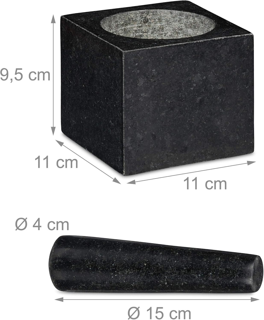 Relaxdays Granit Mörser mit Stössel, eckig, langlebig, Gewürze, Kräuter, 9,5x11x11cm, 250 ml, polier