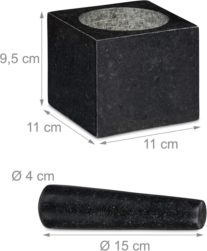 Relaxdays Granit Mörser mit Stössel, eckig, langlebig, Gewürze, Kräuter, 9,5x11x11cm, 250 ml, polier