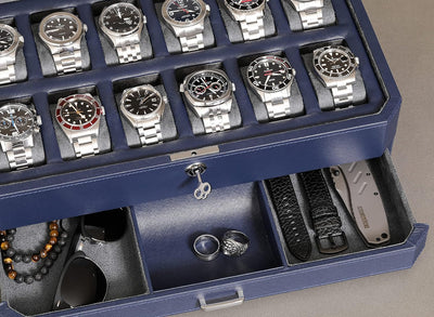 ROTHWELL 12 Slot Leather Watch Box with Valet Drawer - 12 Slot Luxury Watch Case Display Organizer,