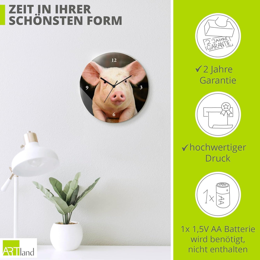 ARTLAND Wanduhr ohne Tickgeräusche Glas Quarzuhr Ø 30 cm Rund Lautlos Tiere Schwein Lustig Hipster A