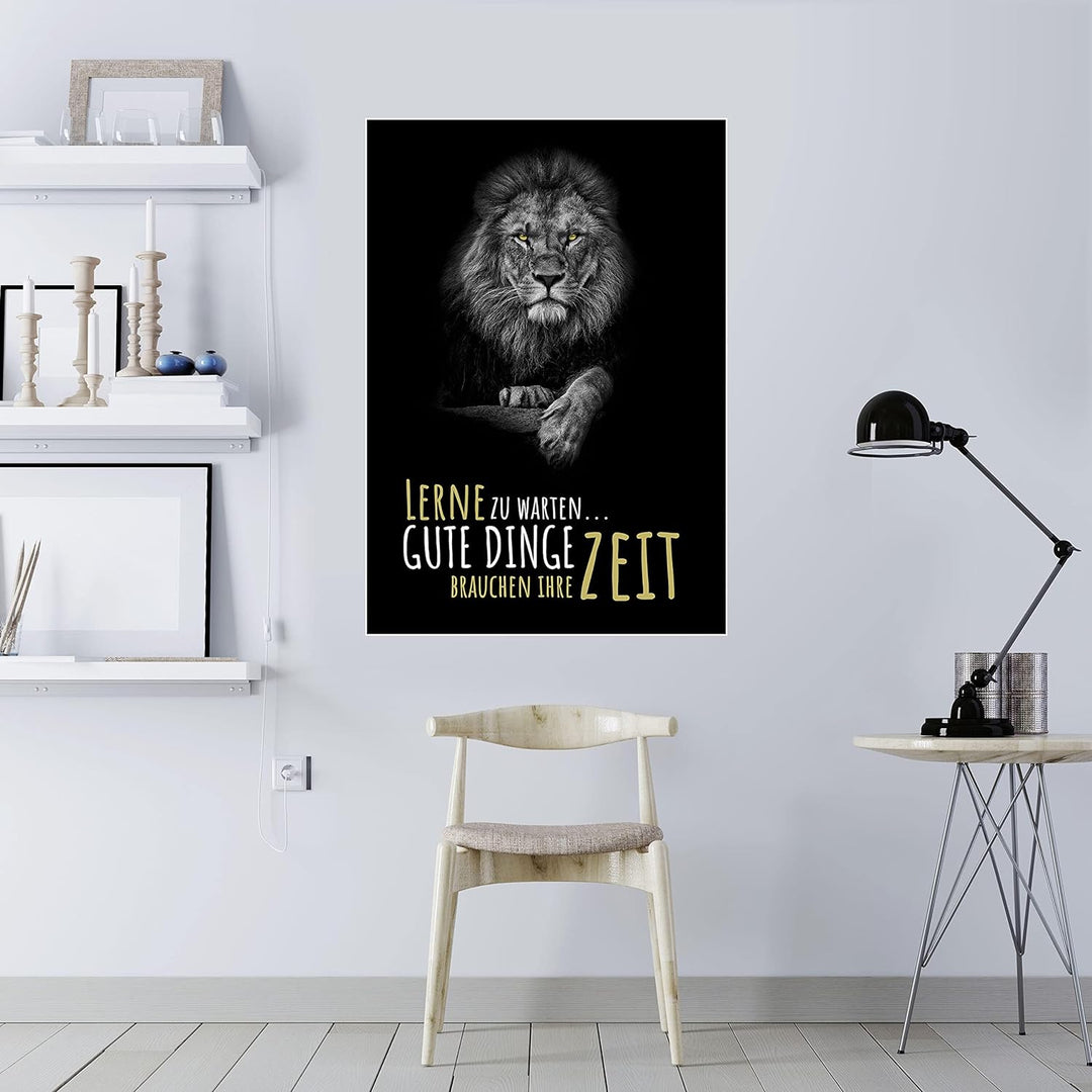 wandmotiv24 Poster als Wanddeko, Grösse 100x70cm, Gute Dinge brauchen Zeit, Löwe, Moderne Wanddeko,