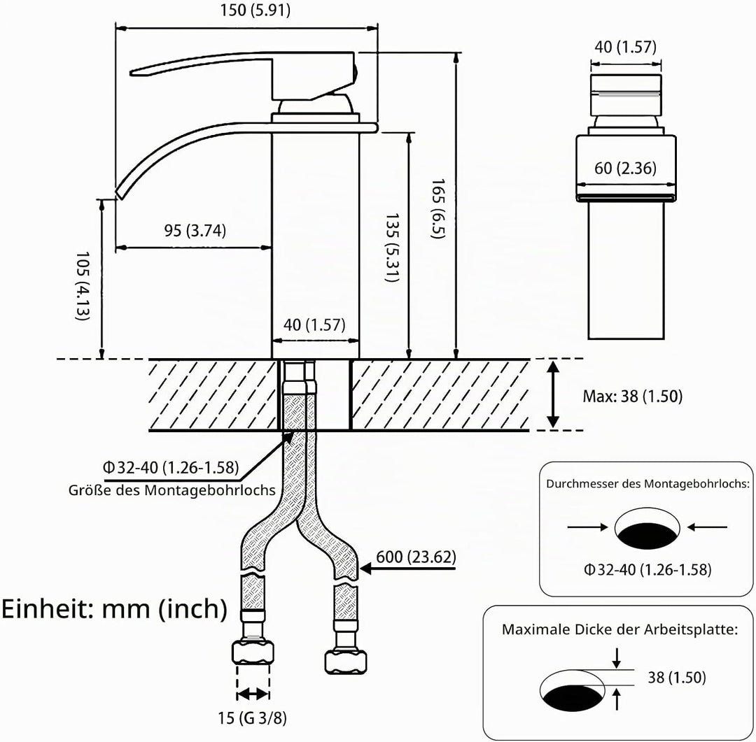 kisimixer Wasserhahn Bad Wasserfall, Waschtischarmatur mit Auslauf Höhe 105 mm, Einhebelmischer Bade