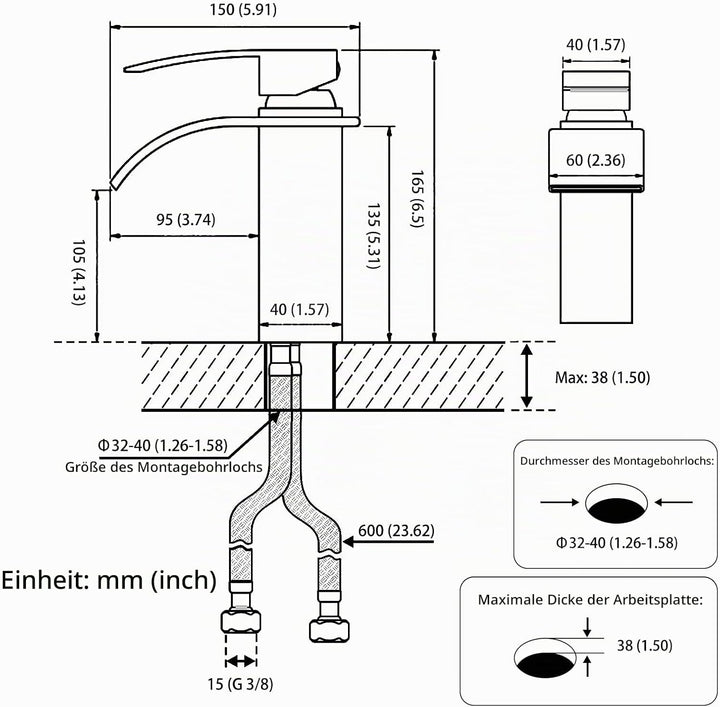 kisimixer Wasserhahn Bad Schwarz, Wasserfall Waschtischarmatur mit Auslauf Höhe 105 mm, Einhebelmisc