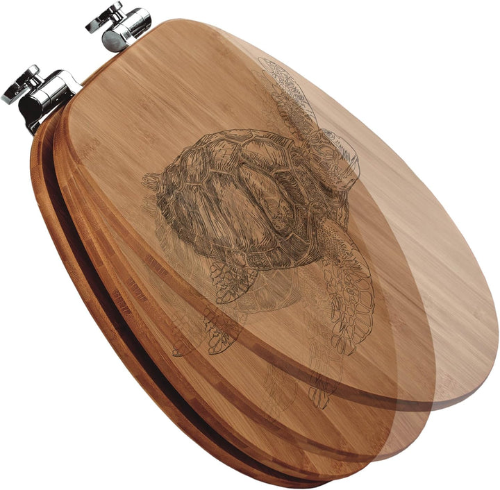 banjado® Hochwertig gravierter Design WC Sitz Bambus Absenkautomatik Schildkröte/Toilettendeckel mit