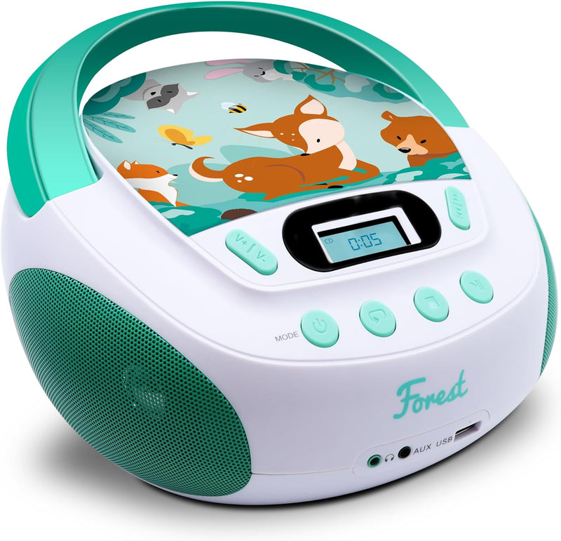 Metronic 477147 CD-MP3-Player Forest Kinder mit USB-Port und Audio-Eingang, Kopfhörerausgang, grün,