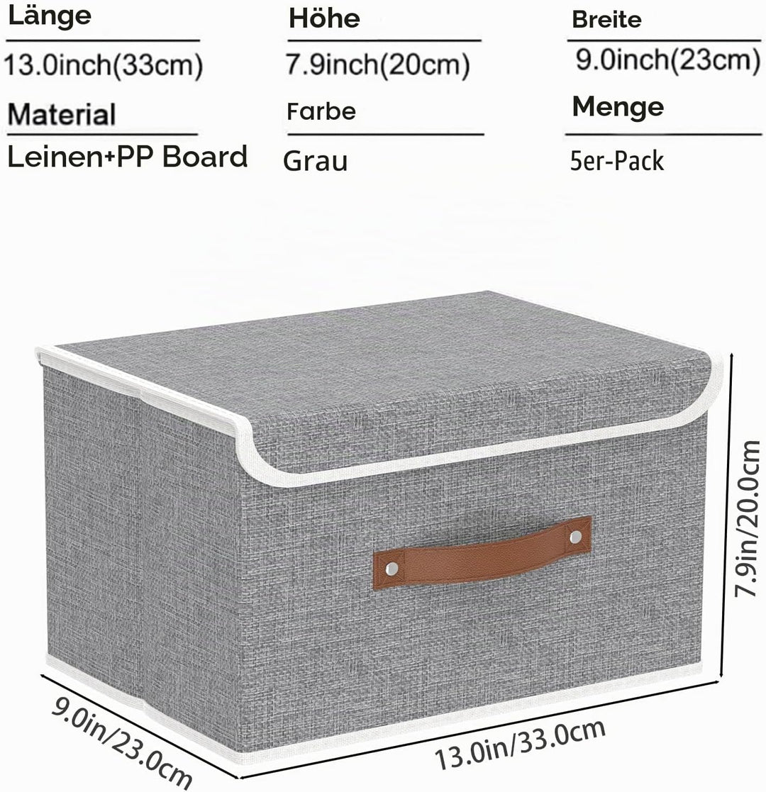 Yawinhe 5 Stück Aufbewahrungsbox mit Deckel, Faltbare Leinentuch Kleidung Ablagekorb für Handtücher,