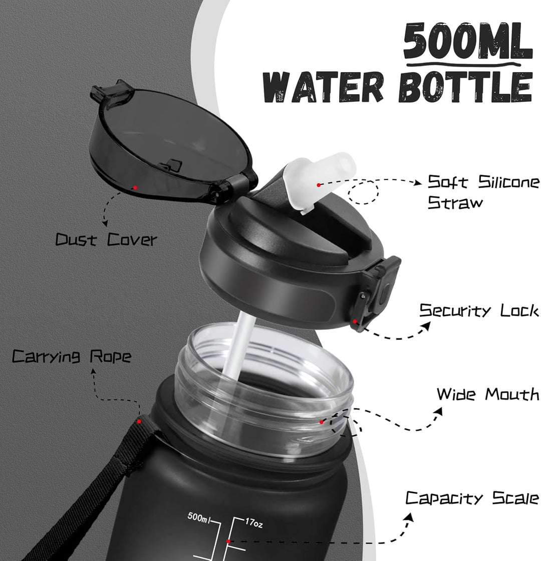 Trinkflasche Kinder, 500ml Trinkflasche, Trinkflasche mit Strohhalm, Leicht zu Reinigen, Trinkflasch