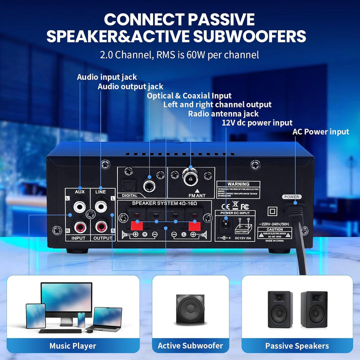 BT-398A HiFi-Verstärker Bluetooth 5.0 Stereo Audioverstärker 2.0 Kanal 60W+60W Digitale Verstärker E
