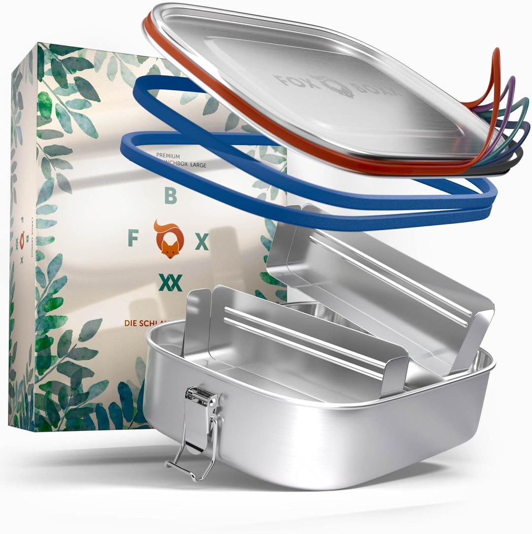 FOXBOXX® Edelstahl Brotdose Premium | Large 1200ml | 5 DEKO-Farbringe + DualCham Ersatzdichtung = Au