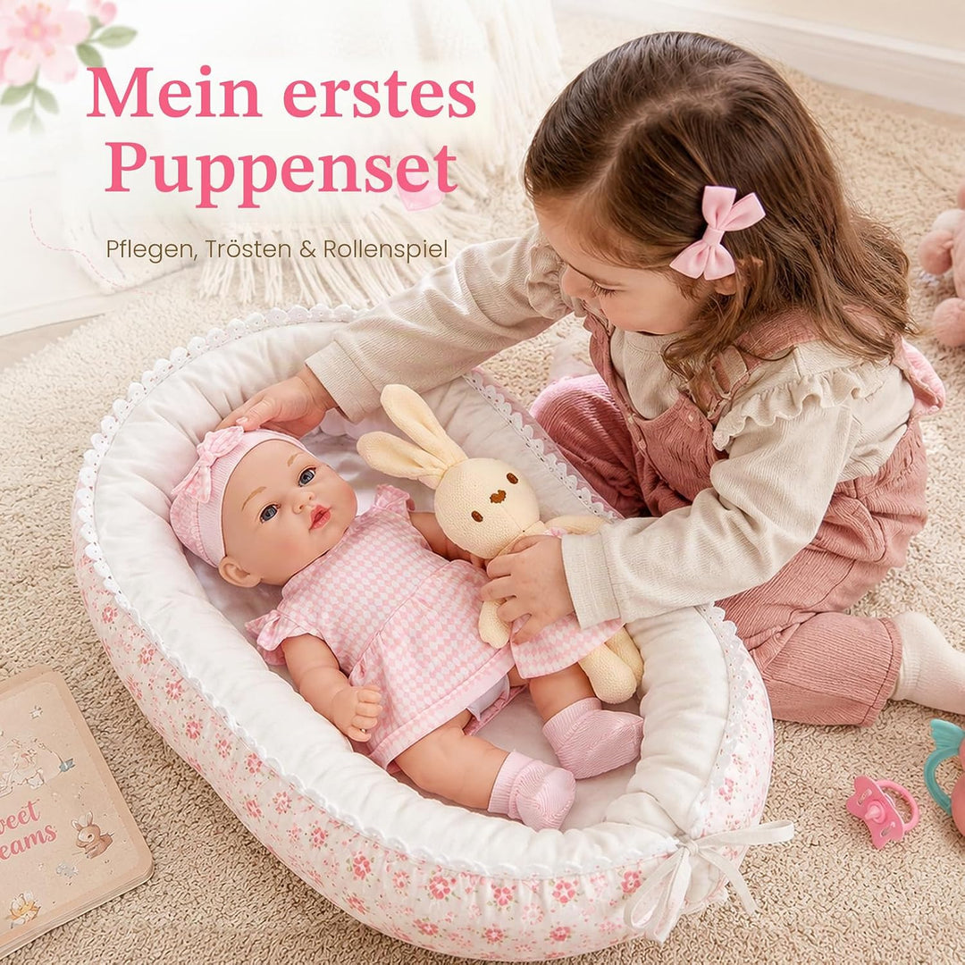 Puppenzubehör für Baby Puppe Zubehör, 33cm Grosse Babypuppe Puppenbett Puppenkleidung Fläschchen Sch