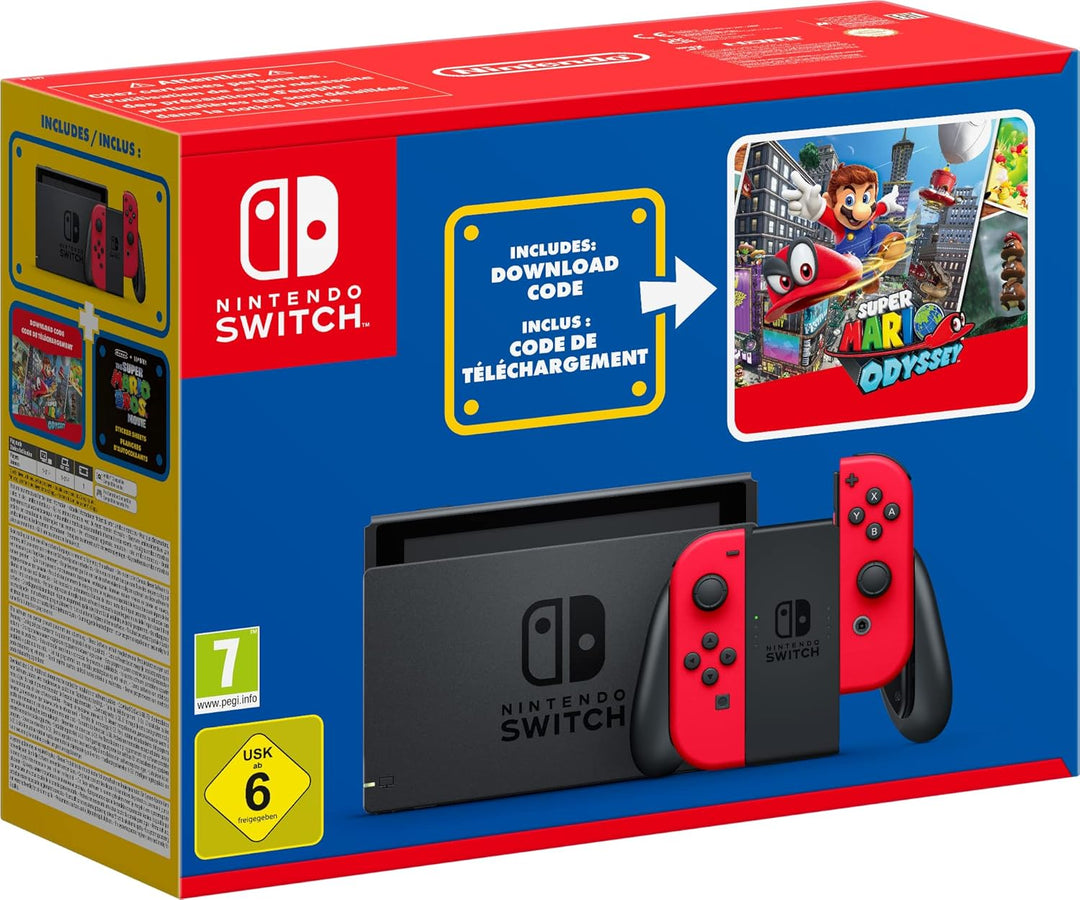 Nintendo Switch-Konsole (rot) + Spiel Super Mario Odyssey als Downloadcode + Der Super Mario Bros. F