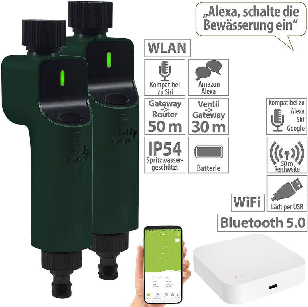 Royal Gardineer Alexa Bewässerungsuhren: 2 Bewässerungsventile mit Sprach-Steuerung inklusive ZigBee