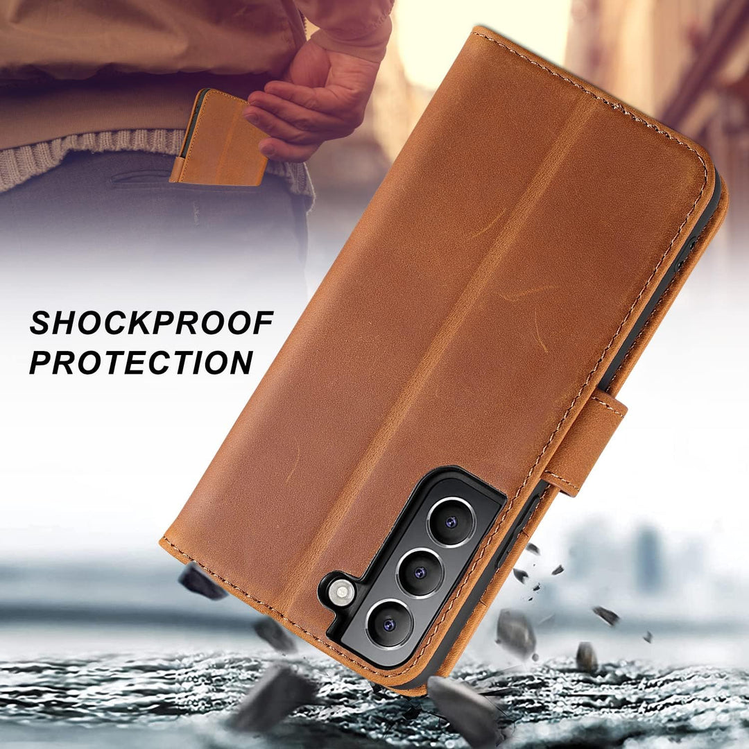 LENSUN Echtleder Hülle für Samsung Galaxy S22, Handyhülle Echt Leder [Magnetverschluss] [RFID Schutz