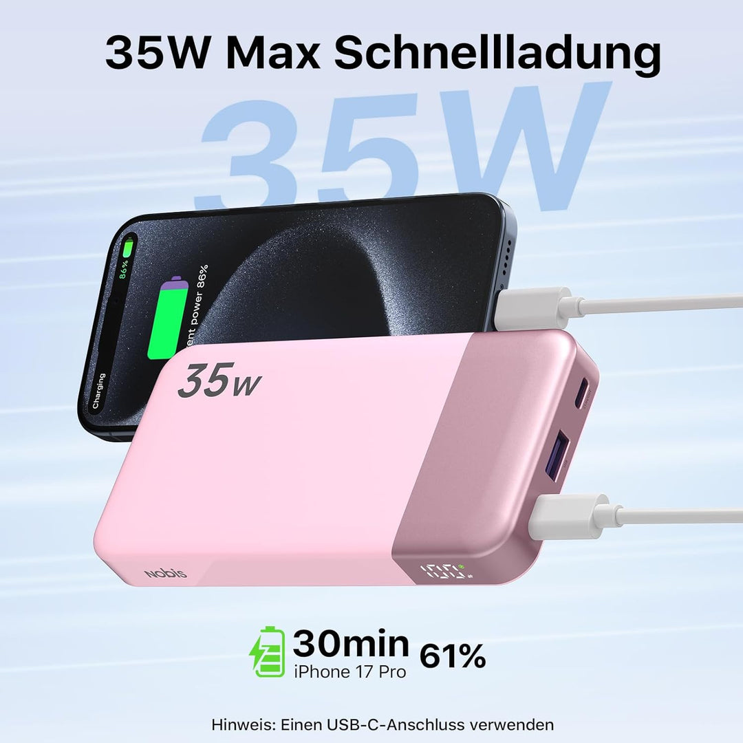 NOBIS Power Bank 35W 10000 mAh Powerbank – Schnellladung mit 2 USB-C EIN- & Ausgängen, 1 USB-A Ansch