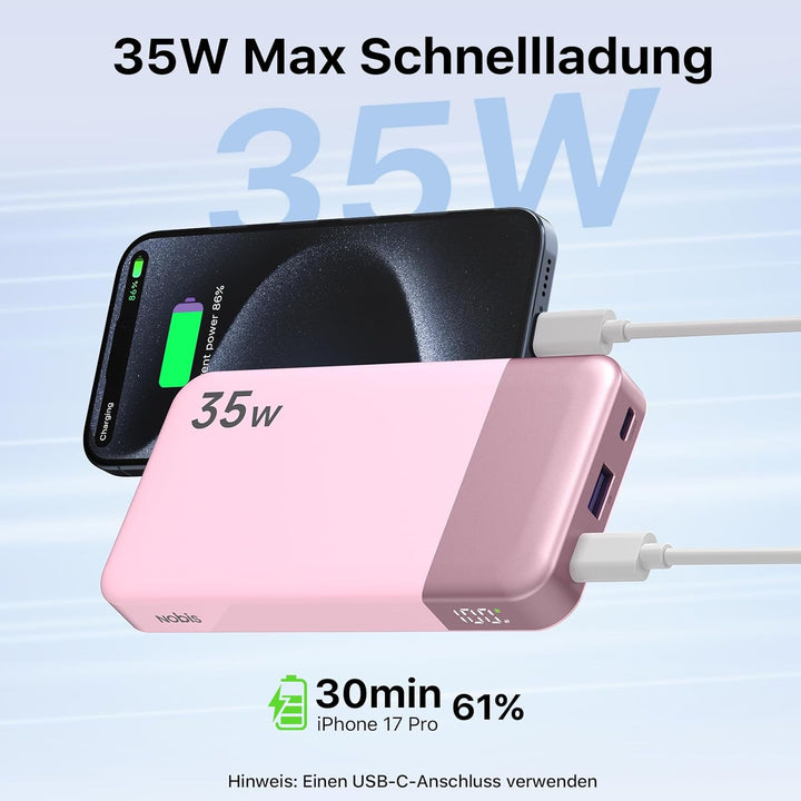 NOBIS Power Bank 35W 10000 mAh Powerbank – Schnellladung mit 2 USB-C EIN- & Ausgängen, 1 USB-A Ansch