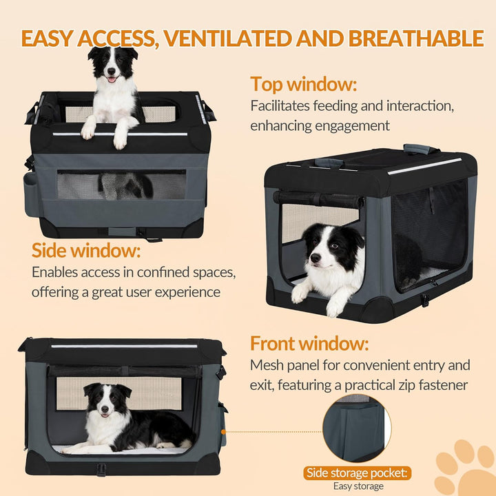 Hundebox Faltbar, 3-Türiger Transportbox Hund, Tragbare Hundetasche mit Reflektierenden Streifen und