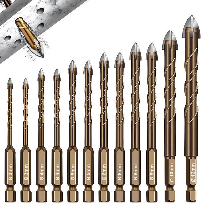 Fliesenbohrer Set 12 tlg, Glasbohrer Set Ø 3-12 mm, Universalbohrer Keramikbohrer mit Sechskantschaf