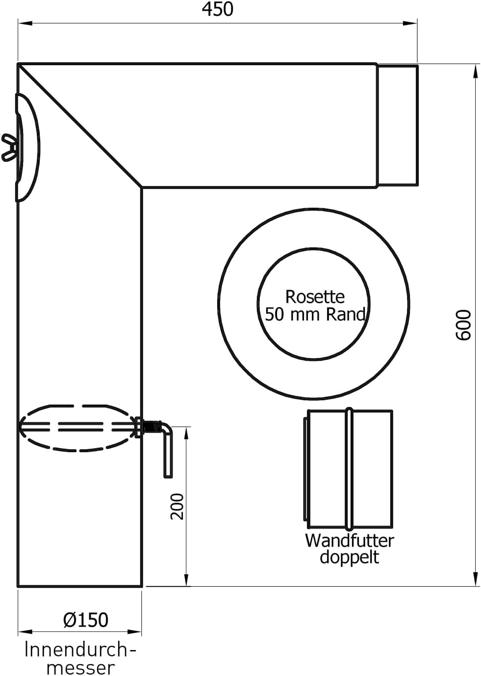 Raik Rauchrohr Ofenrohr Set 150 mm zweiteilig gussgrau 90 Grad Winkel integrierte Zugregulierung und