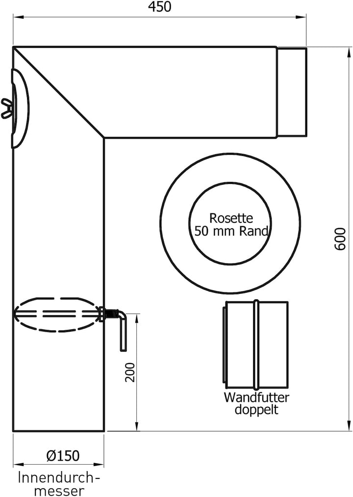 Raik Rauchrohr Ofenrohr Set 150 mm zweiteilig gussgrau 90 Grad Winkel integrierte Zugregulierung und