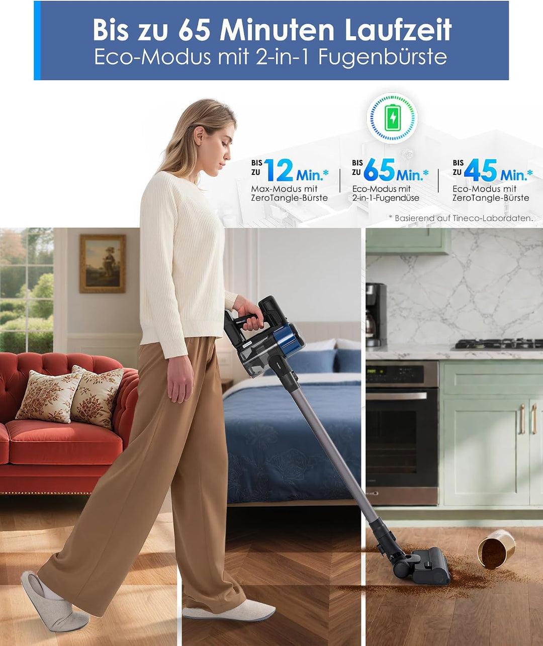Tineco Pure ONE S30 Akku Staubsauger, 150AW Saugleistung, bis zu 65 Min. Laufzeit, ZeroTangle-Bürste