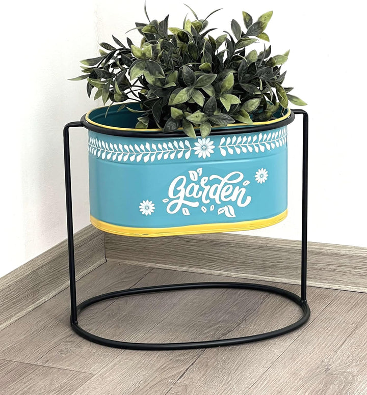 DanDiBo Blumenhocker mit Topf Metall Stehend Blau Oval 27 cm Blumenständer 96526 M Blumensäule Moder