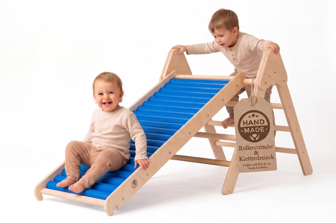 WoodsCraft - Indoor &amp; Outdoor Kletterset: Rutsche [120 cm] mit Kletterdreieck | Kinderrutsche-Rollen