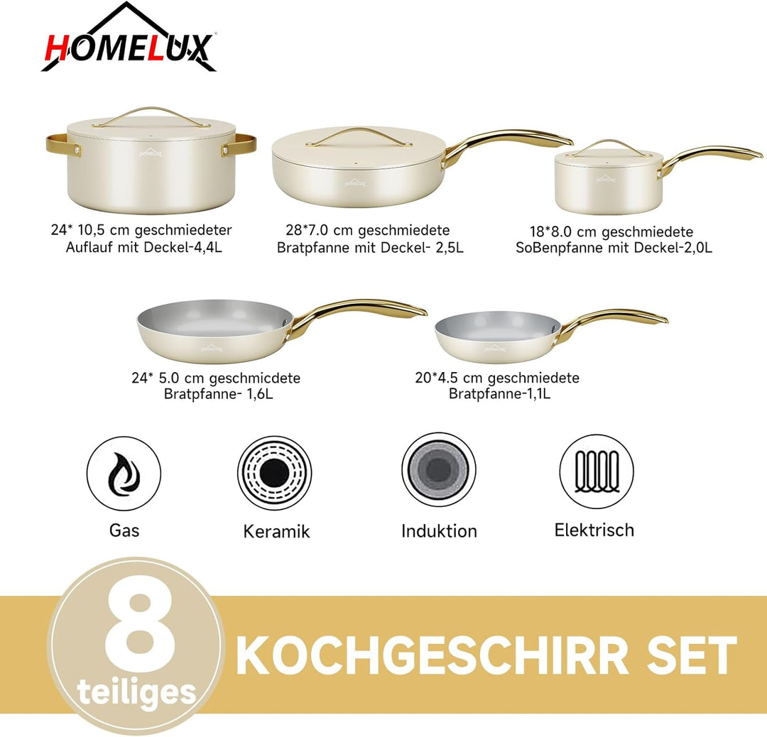 Topfset, HOMELUX Topfset Induktion 8 teilig, Induktions Töpfe Set, Töpfe mit Glasdeckel, Kochtopf-Se