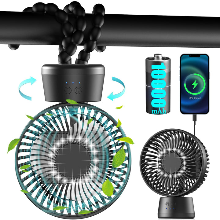 120° Oszillierend Kinderwagen-Ventilatoren, 10000mAh Akku Tischventilator Sehr Leise Laufzeit 40 Std