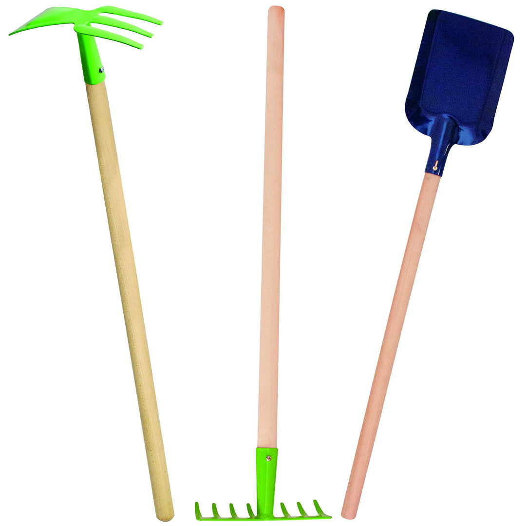 alles-meine.de GmbH 3 TLG. Gartenset Schaufel Rechen Harke Holz Metall für Kinder Garten gross bunt