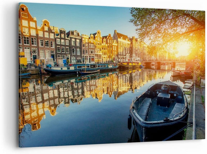 Bilder auf Leinwand 100x70cm Leinwandbild Kanal Boot Amsterdam Wasser Gross Wanddeko Bild Schlafzimm