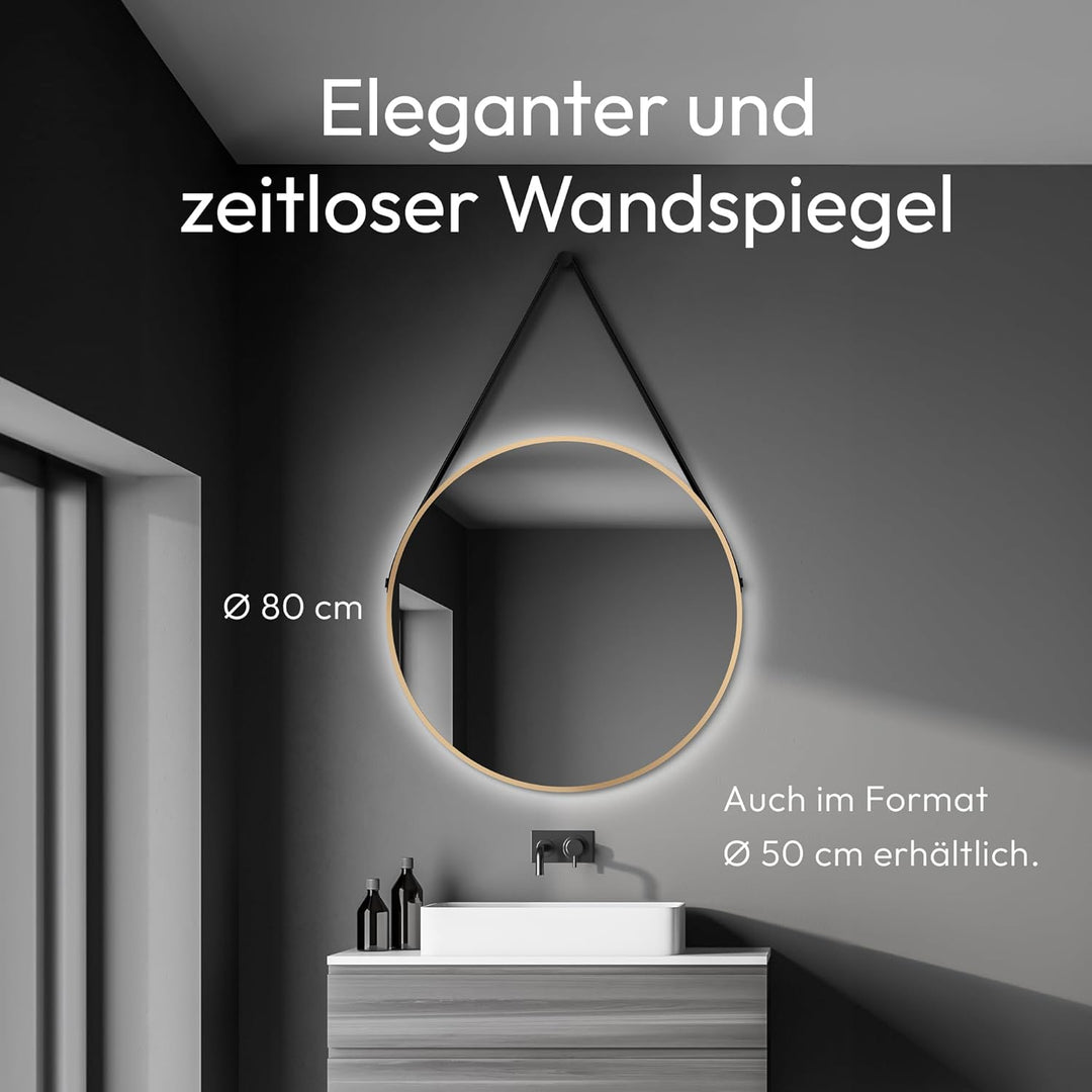 Talos golden Light Spiegel rund Ø 80 cm – runder Wandspiegel in matt Gold – Badspiegel rund mit hoch